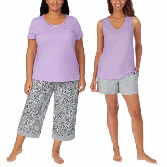 NEW CAROLE HOCHMAN Cotton 4 Pc Lounge Pajama Set Purple Capri Tank Shorts Tee - Picture 1 of 9